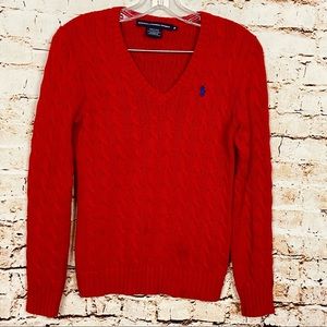 RALPH LAUREN SPORT Red V Neck Cable Sweater